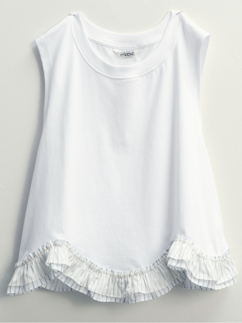 Maeve White Ruffled Muscle Tee with Pleated Hem